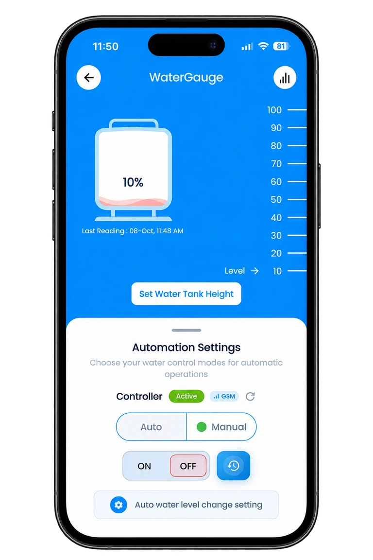 WaterGauge app tank level and automation controls