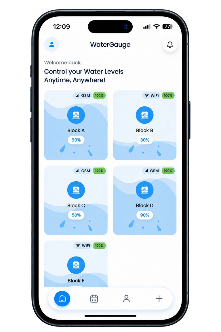 WaterGauge app dashboard showing multiple tank levels