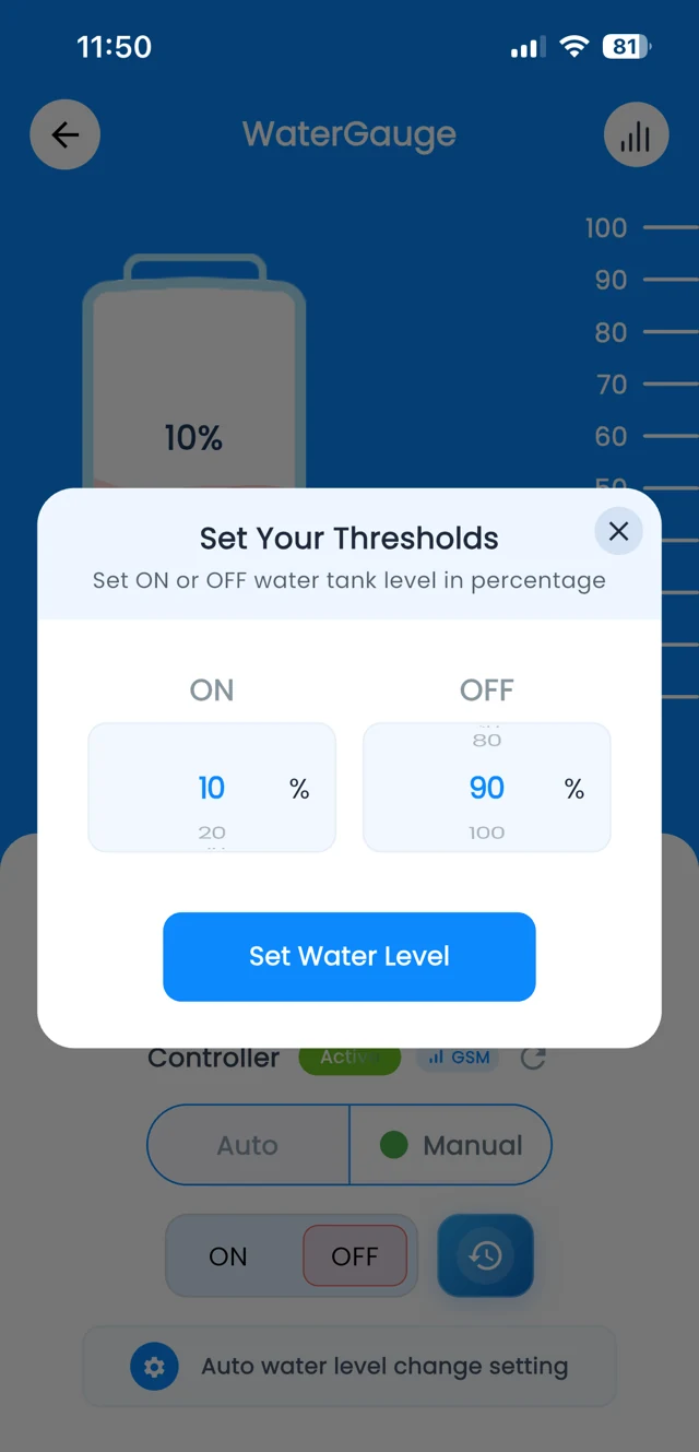 WaterGauge app: Automatic ON/OFF levels