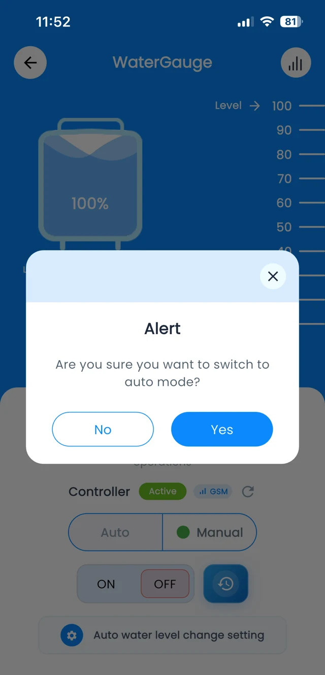 WaterGauge app: Confirm Auto mode